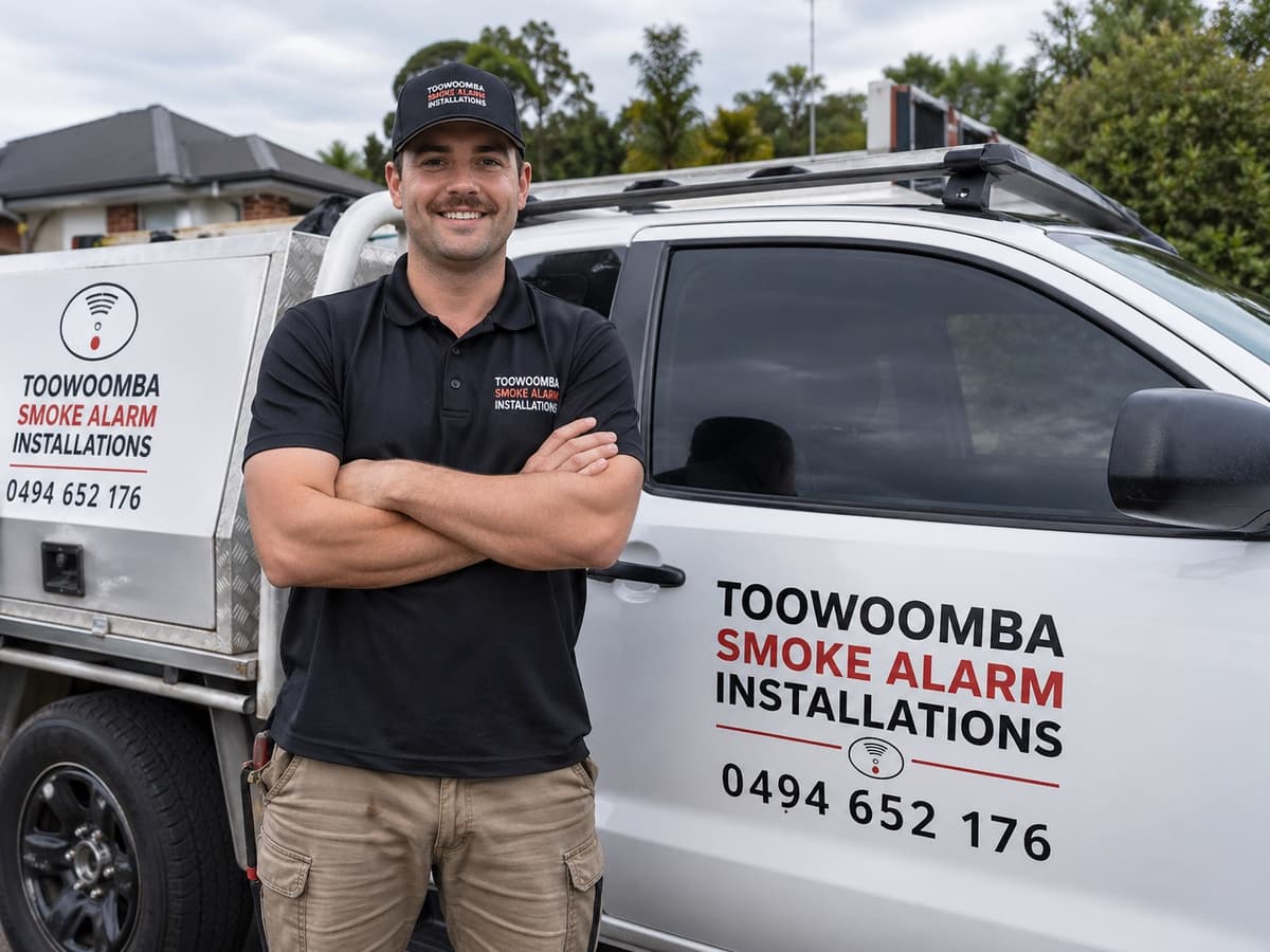 Toowoomba Smoke Alarm Installations tradesman standing in front of branded service ute